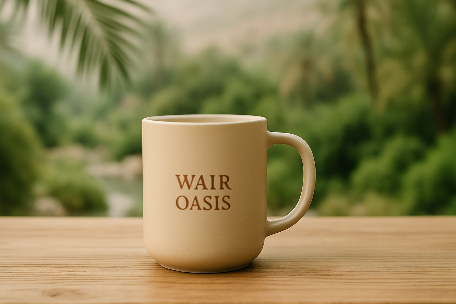 A minimalist outdoor shot of a beige ceramic mug on a natural wood table near a wadi oasis; blurred palm fronds and greenery in the background. Laser-engraved “[PHRASE]” centered and crisp. Soft diffused morning light, warm neutrals + muted greens, gentle bokeh, product-catalog aesthetic, 16:9.

